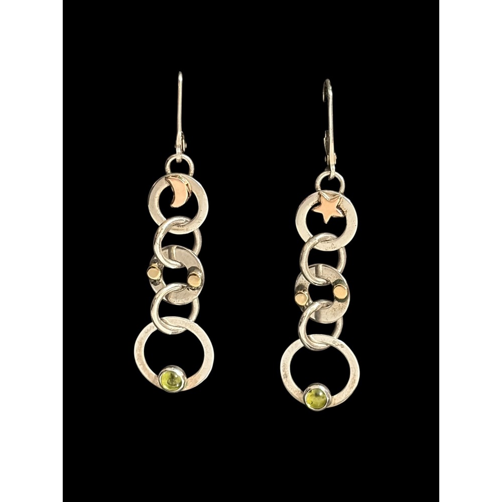 925 Sterling Silver Peridot Moon Star Celestial Dangle Earrings 2" - Picture 3 of 5